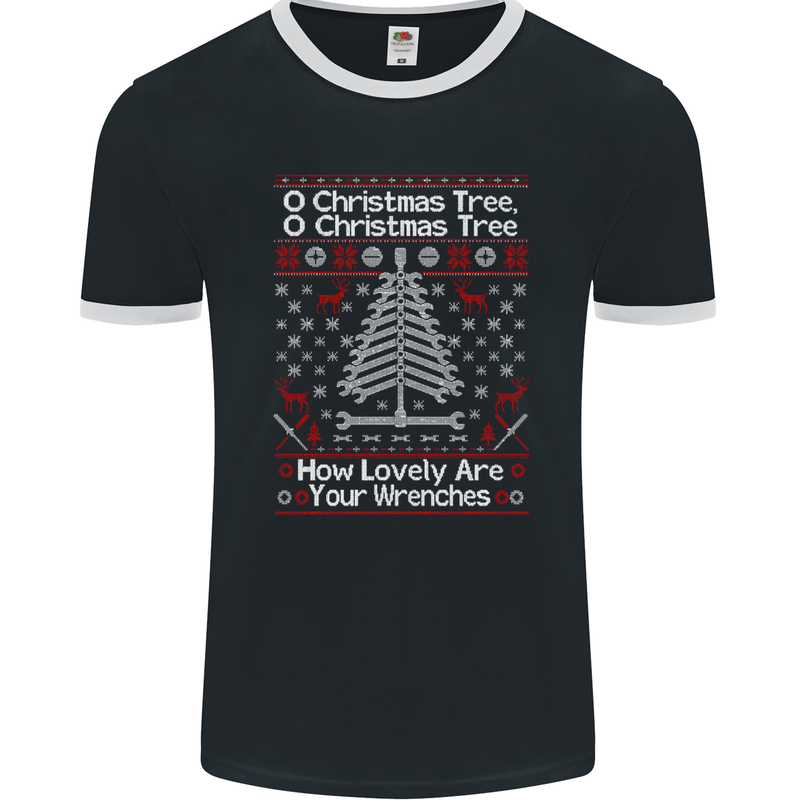 O Christmas Tree Lovely Wrenches Mechanic Mens Ringer T-Shirt FotL Black/White