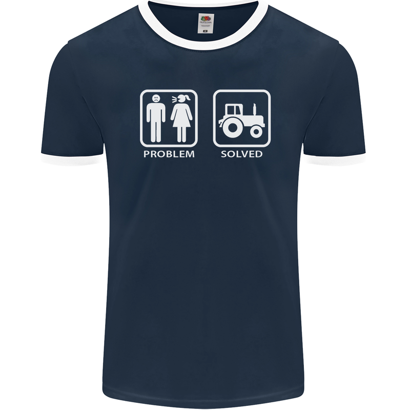 Tractor Problem Solved Driver Farmer Funny Mens Ringer T-Shirt FotL Navy Blue/White