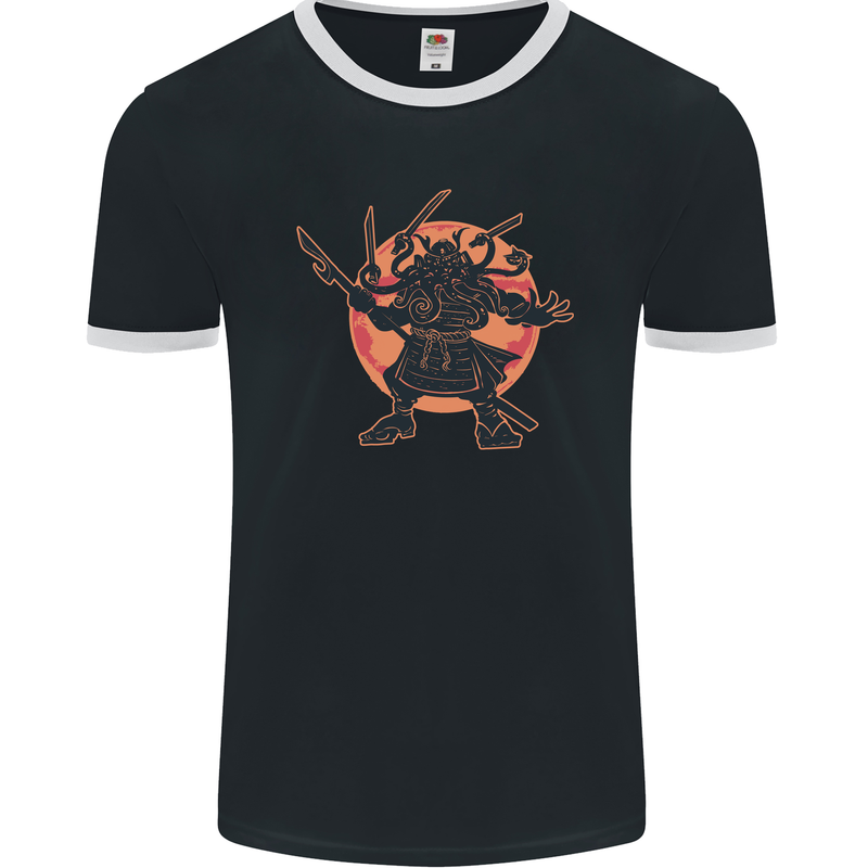 Samurai Cthulhu Kraken Mens Ringer T-Shirt FotL Black/White