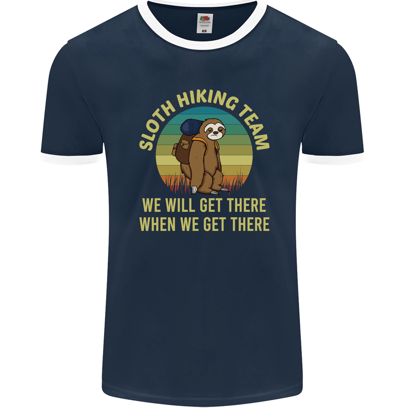 Sloth Hiking Team Funny Trekking Walking Mens Ringer T-Shirt FotL Navy Blue/White