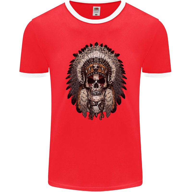 Native American Indian Skull Headdress Mens Ringer T-Shirt FotL Red/White