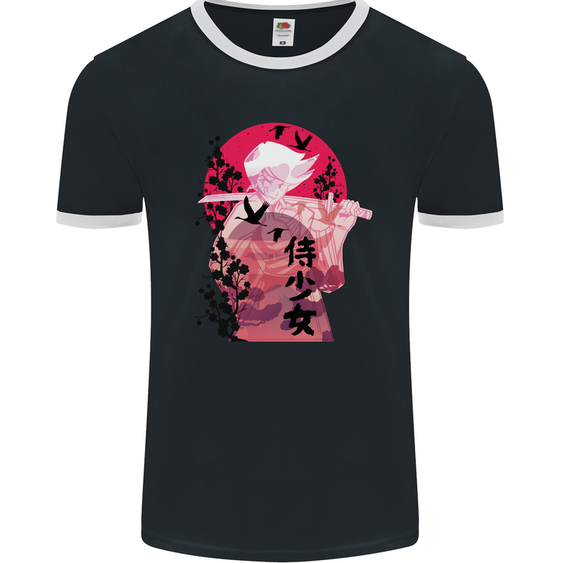 Anime Samurai Woman With Sword Mens Ringer T-Shirt FotL Black/White