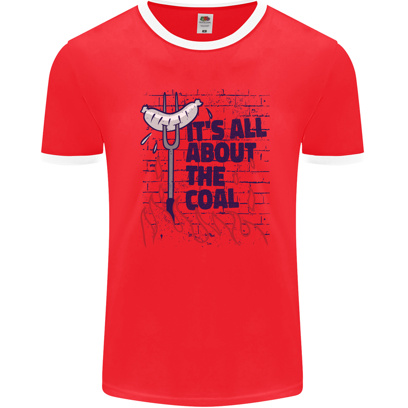 Its All About the Coal Funny BBQ Grill Mens Ringer T-Shirt FotL Red/White