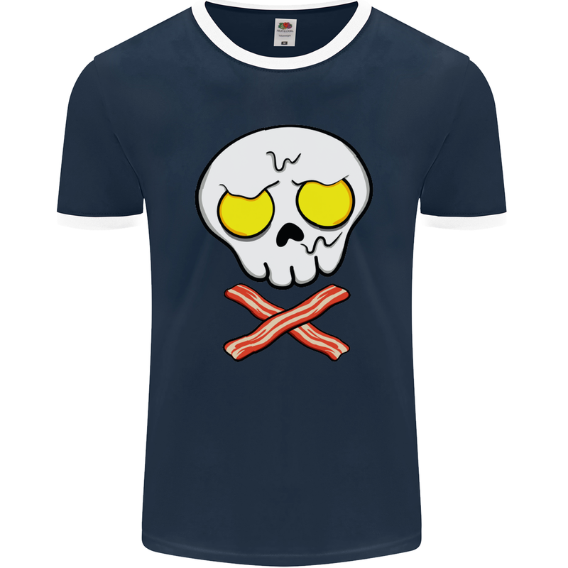 Bacon & Egg Skull & Crossbones Funny Mens Ringer T-Shirt FotL Navy Blue/White