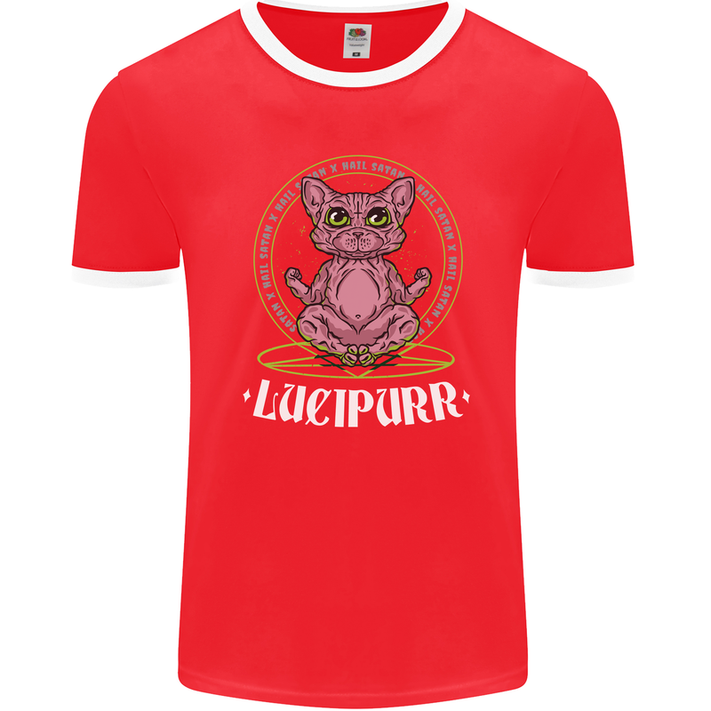 Lucipurr Demonic Hail Satan Cat Evil Mens Ringer T-Shirt FotL Red/White