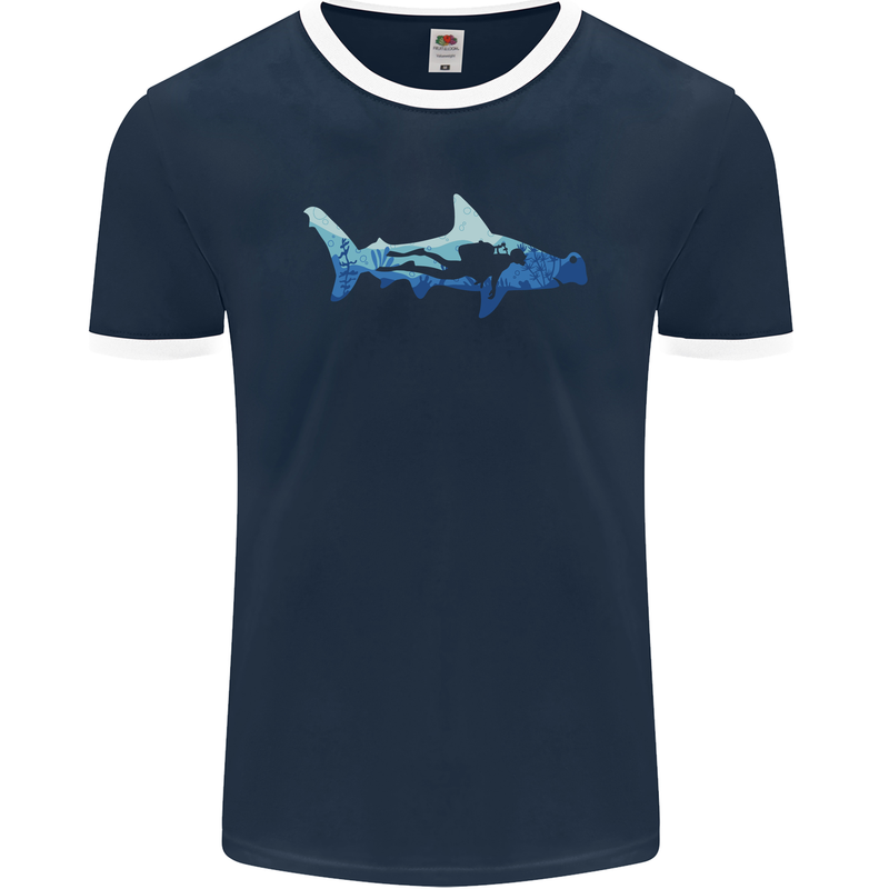 Hammerhead Shark Scuba Diver Diving Mens Ringer T-Shirt FotL Navy Blue/White