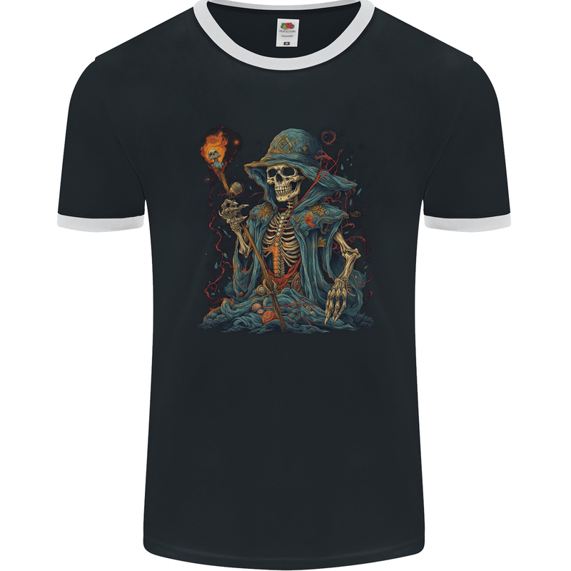 A Living Dead Wizard Skull Sorcerer Mens Ringer T-Shirt FotL Black/White