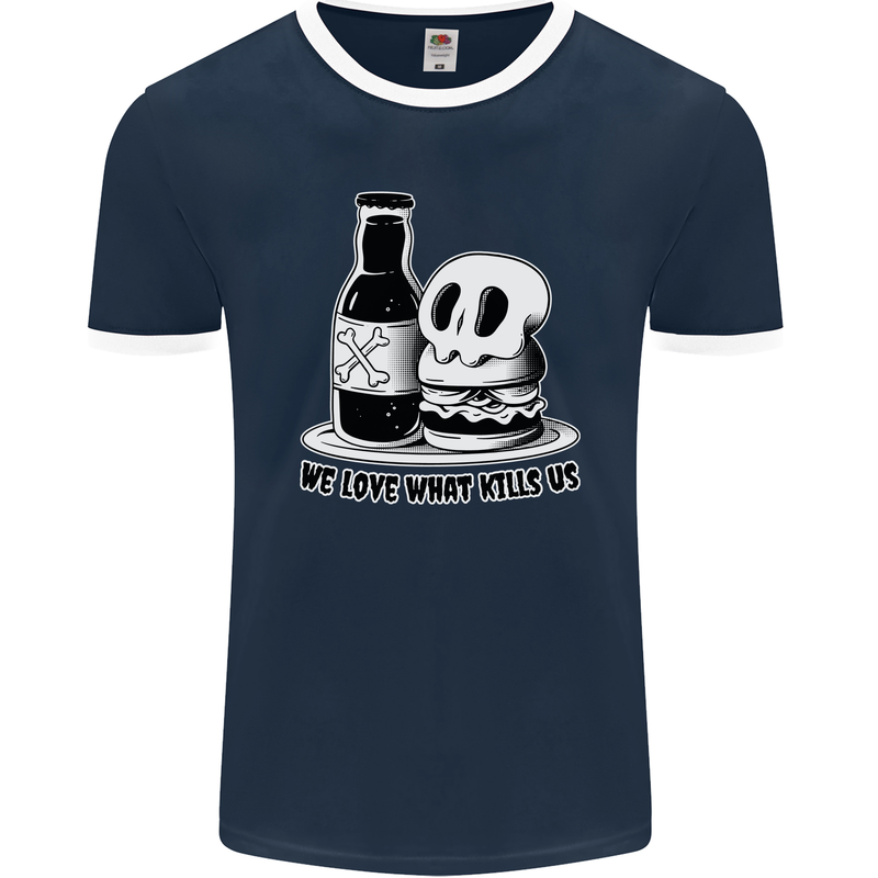 What We Love Kills Us Burger Food Skull Mens Ringer T-Shirt FotL Navy Blue/White