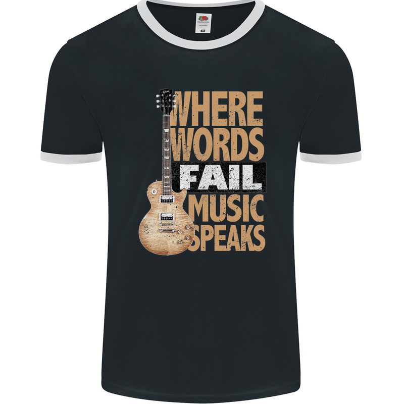 Guitar Words Fail Music Speaks Guitarist Mens Ringer T-Shirt FotL Black/White