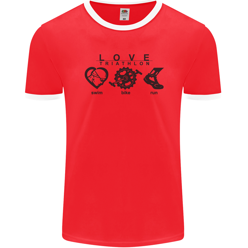 Love Triathlon Running Swimming Cycling Mens Ringer T-Shirt FotL Red/White