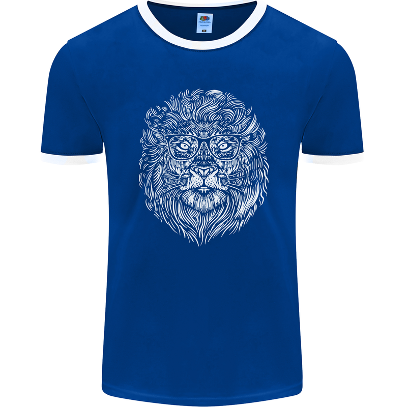 Funny Hipster Lion Mens Ringer T-Shirt FotL Royal Blue/White