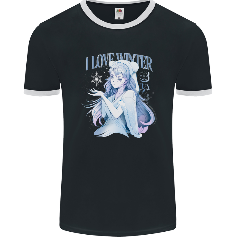 I Love Winter Anime Japanese Text Mens Ringer T-Shirt FotL Black/White