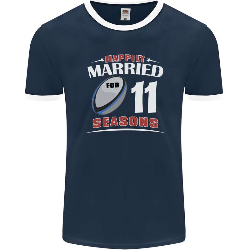 11 Year Wedding Anniversary 11th Rugby Mens Ringer T-Shirt FotL Navy Blue/White