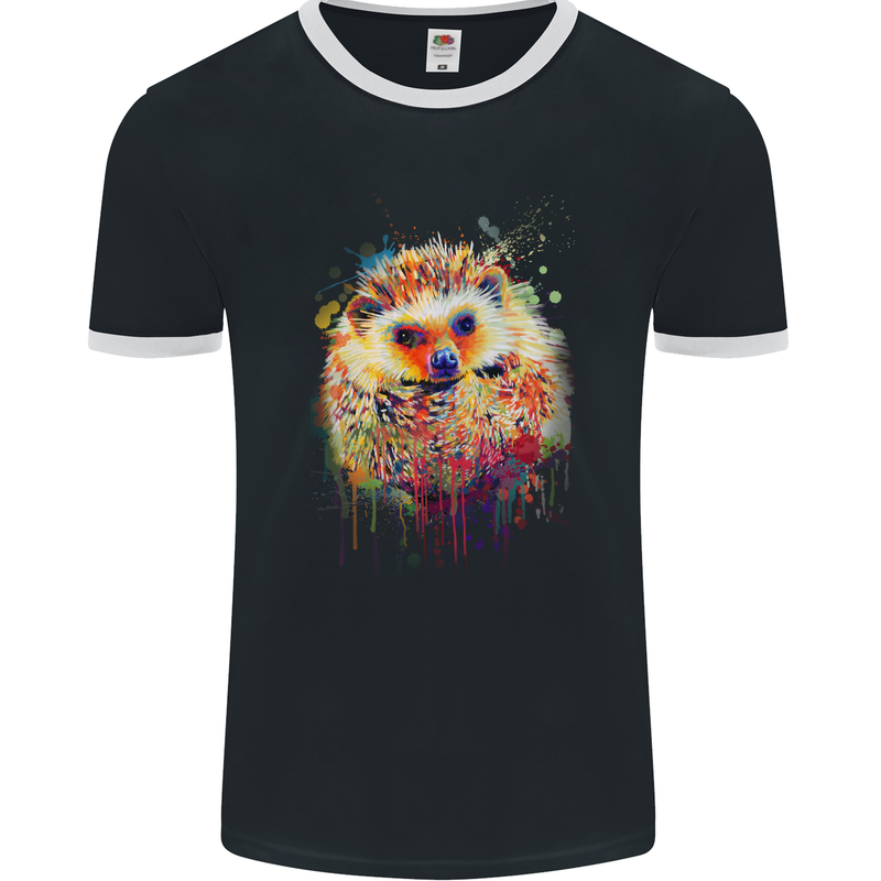 A Watercolour Hedgehog Mens Ringer T-Shirt FotL Black/White