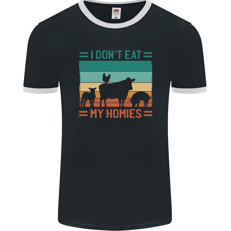 I Don't Eat My Homies Funny Vegan Vegetarian Mens Ringer T-Shirt FotL Black/White