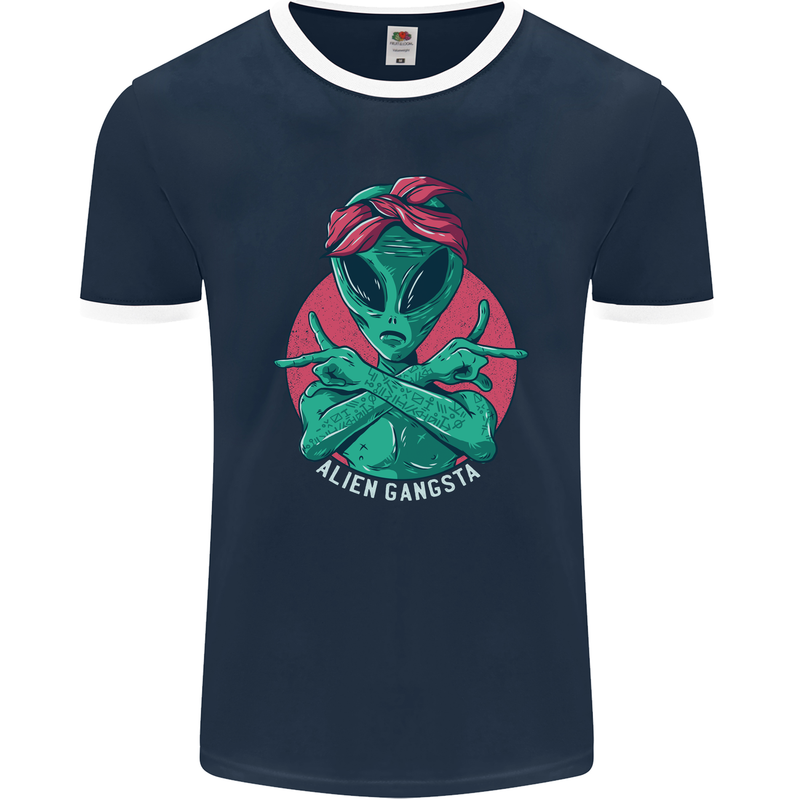 Funny Alien Gangster UFO 2Pac Rap Music Mens Ringer T-Shirt FotL Navy Blue/White