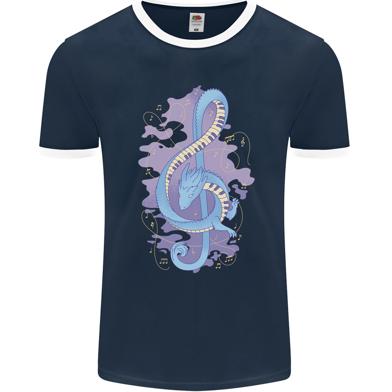 Musical Keyboard Dragon Mens Ringer T-Shirt FotL Navy Blue/White