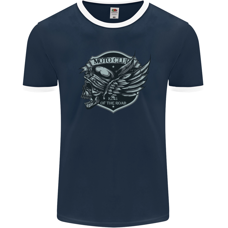 King of the Road Motorcycle Skull Biker Mens Ringer T-Shirt FotL Navy Blue/White