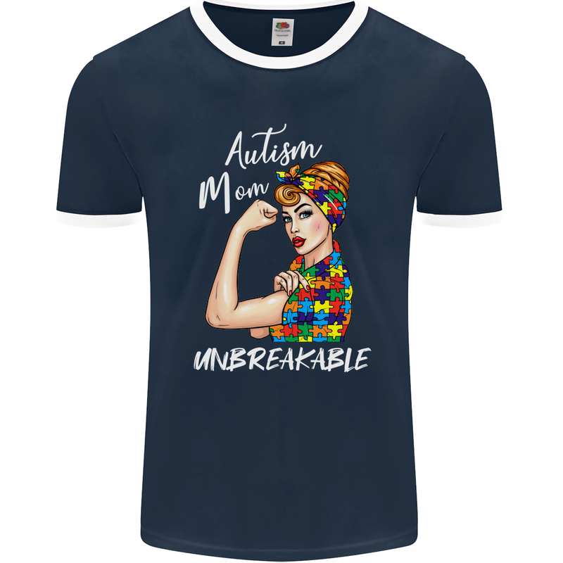 Autistic Mum Unbreakable Autism ASD Mens Ringer T-Shirt FotL Navy Blue/White