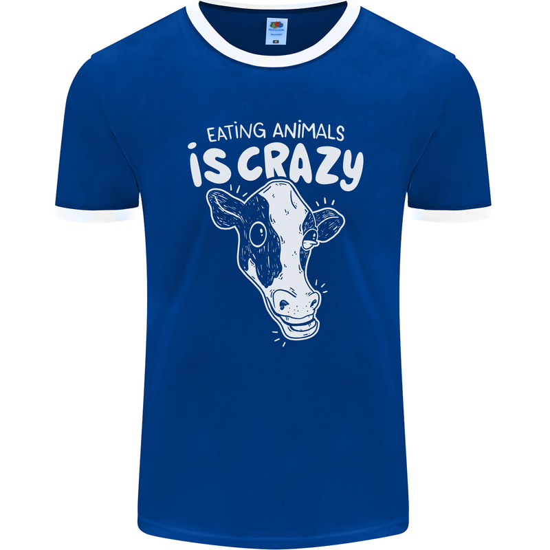 Eating Animals Is Crazy Vegetarian Vegan Mens Ringer T-Shirt FotL Royal Blue/White