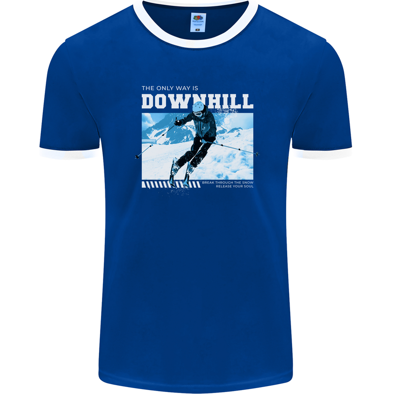 The Only Way is Downhill Skiing Ski Skier Mens Ringer T-Shirt FotL Royal Blue/White