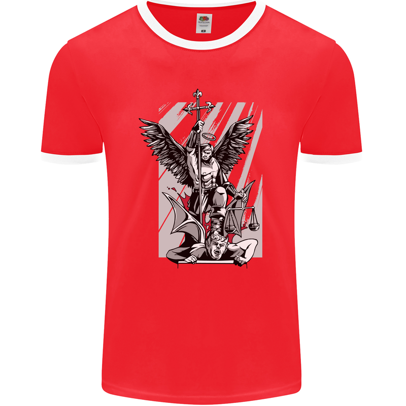 St. Michael Killing the Devil Christian God Mens Ringer T-Shirt FotL Red/White