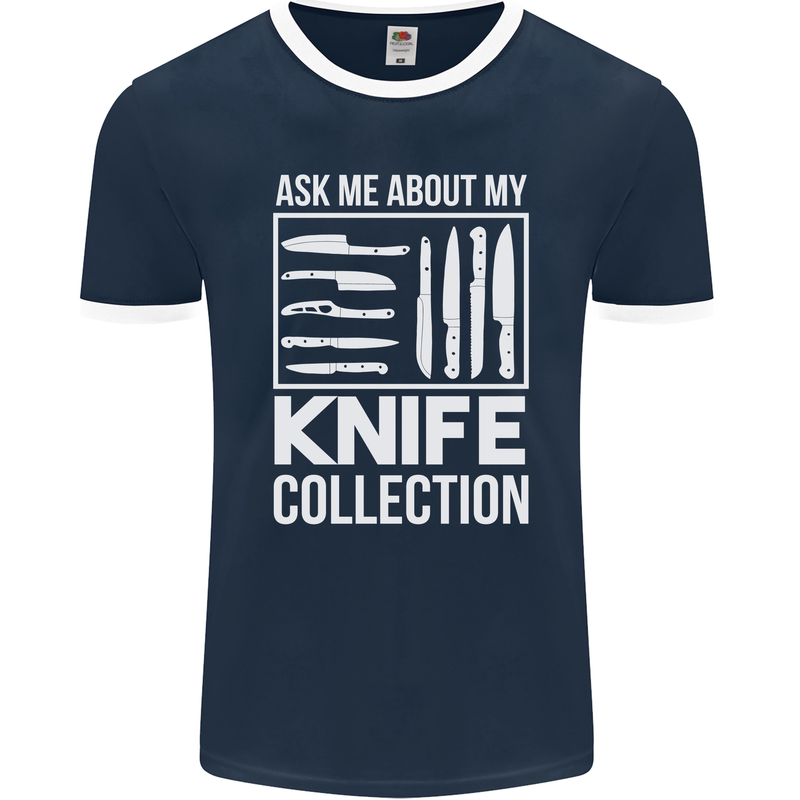 Chef Ask About My Knife Collection Funny Mens Ringer T-Shirt FotL Navy Blue/White