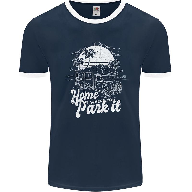 Home Is Where You Park It Funny Caravan Mens Ringer T-Shirt FotL Navy Blue/White