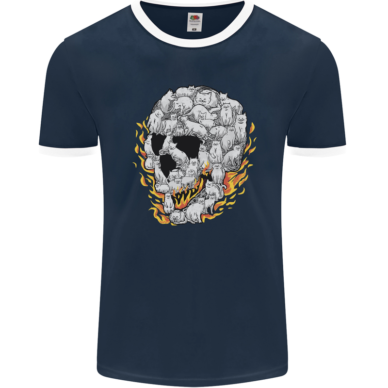 Fire Skull Made of Cats Mens Ringer T-Shirt FotL Navy Blue/White