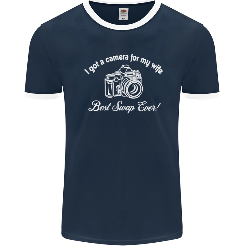 Camera for My Wife Photography Photographer Mens Ringer T-Shirt FotL Navy Blue/White