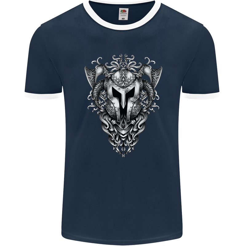 Viking Helmet Valhalla Gym Training Top Mens Ringer T-Shirt FotL Navy Blue/White