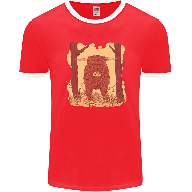 A Highland Cow Mens Ringer T-Shirt FotL Red/White