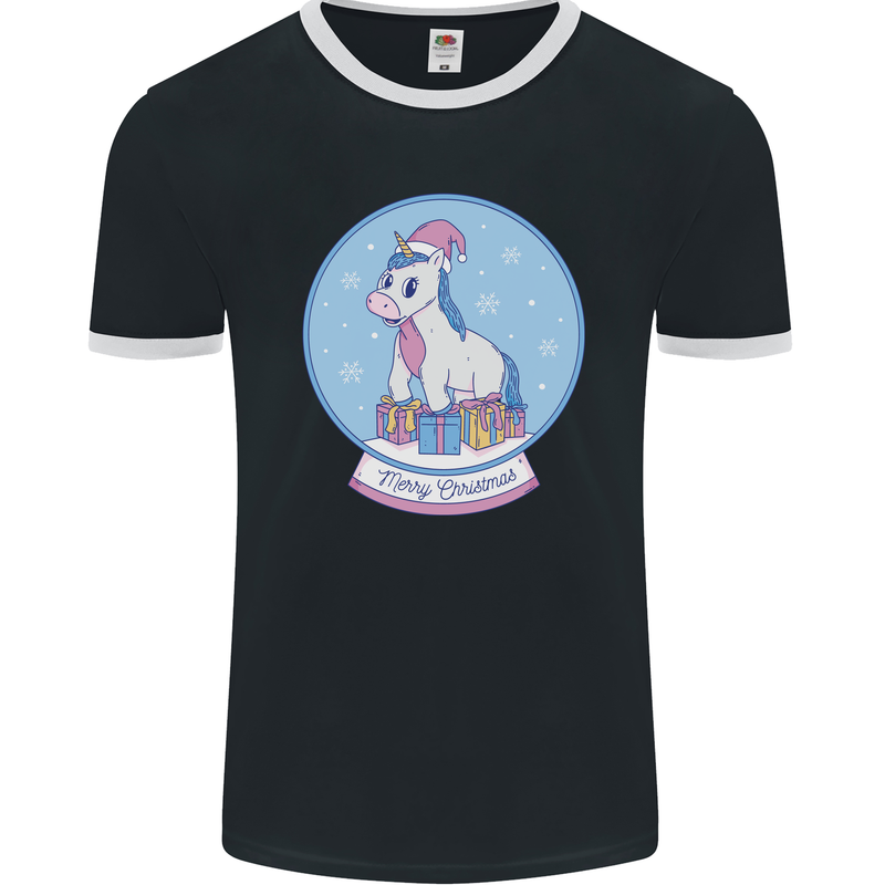 Christmas Unicorn Snow Globe Mens Ringer T-Shirt FotL Black/White