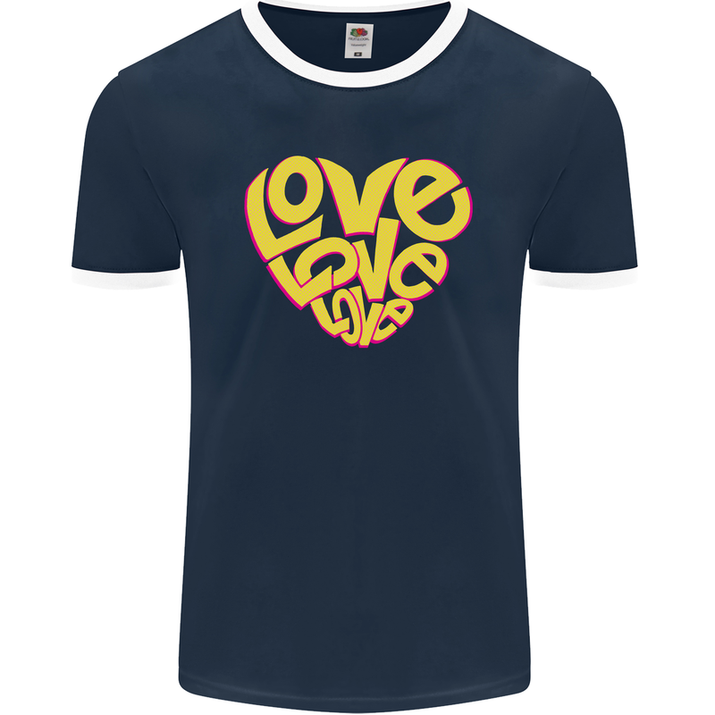 Love Word Art Heart Shape Anti-War Hippy Mens Ringer T-Shirt FotL Navy Blue/White