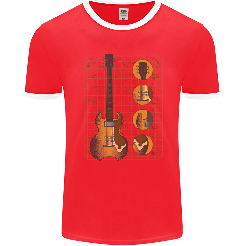 A Guitar Blueprint Music Rock n Roll Guitarist Mens Ringer T-Shirt FotL Red/White