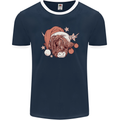 Funny Christmas Highland Cow Santa Hat Mens Ringer T-Shirt FotL Navy Blue/White