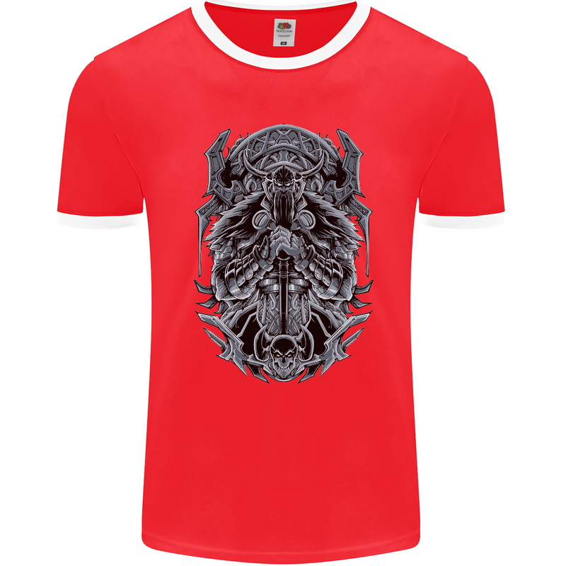 Viking God Odin Valhalla Norse Warrior Mens Ringer T-Shirt FotL Red/White