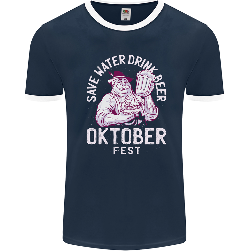 Oktoberfest Drink Beer Save Water Mens Ringer T-Shirt FotL Navy Blue/White