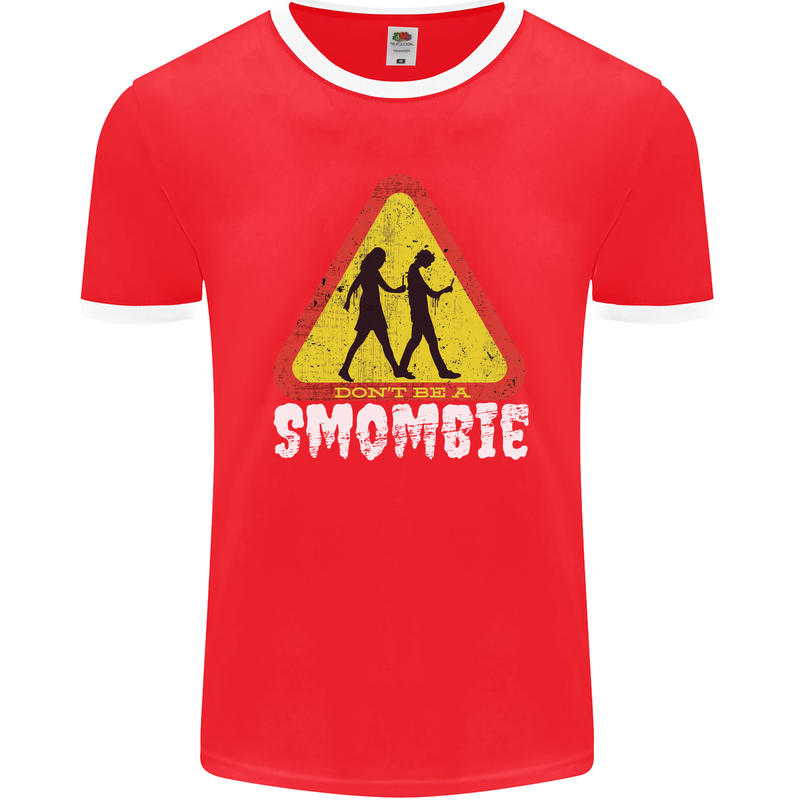 Smombie Antisocial Phone Addict Smartphone Mens Ringer T-Shirt FotL Red/White