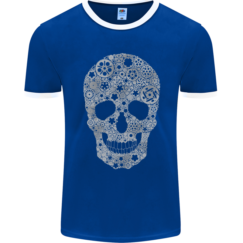 Gear Skull Biker Motorcycle Motorbike Cars Mens Ringer T-Shirt FotL Royal Blue/White