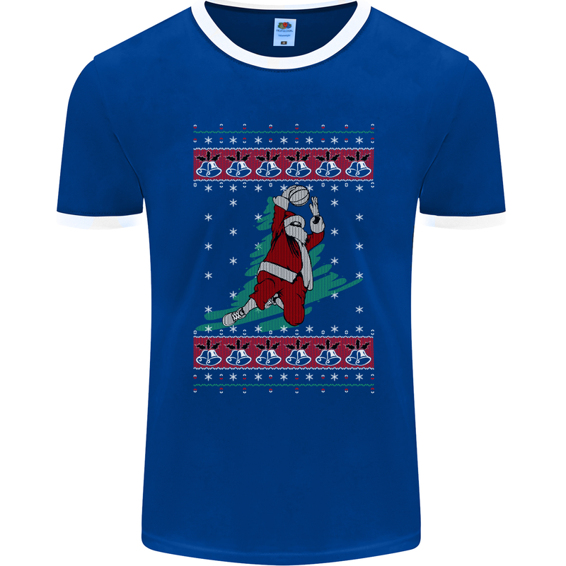 Basketball Santa Player Christmas Funny Mens Ringer T-Shirt FotL Royal Blue/White