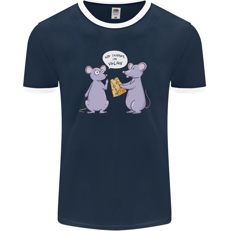 Vegan Mouse Funny Cheese Mens Ringer T-Shirt FotL Navy Blue/White