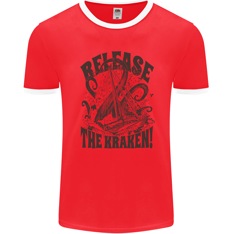 Release the Kraken Cthulhu Sea Creature Mens Ringer T-Shirt FotL Red/White