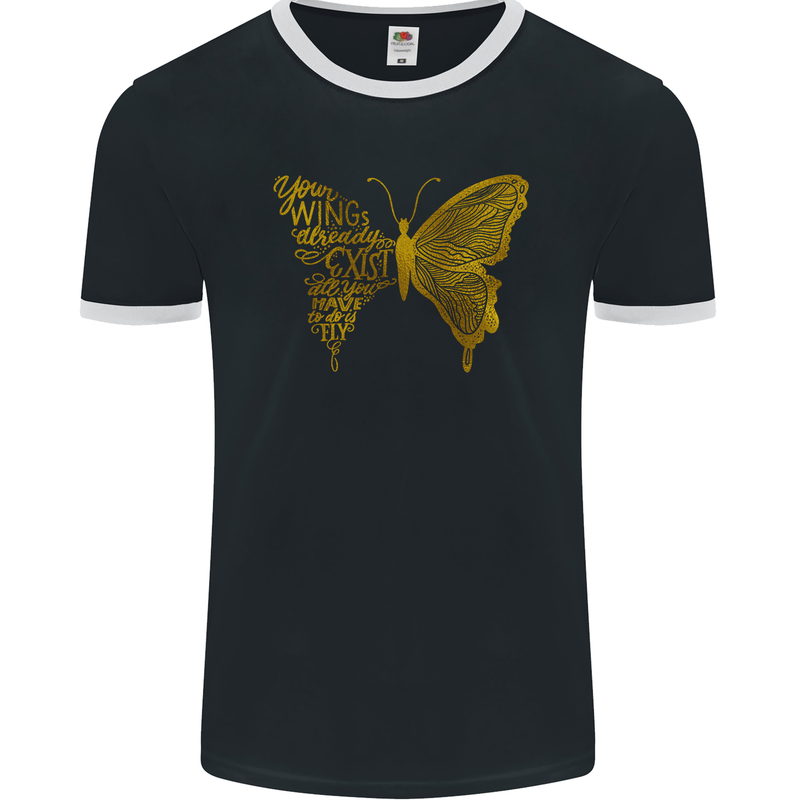 Butterfly Inspirational Quote Rhopalocera Mens Ringer T-Shirt FotL Black/White