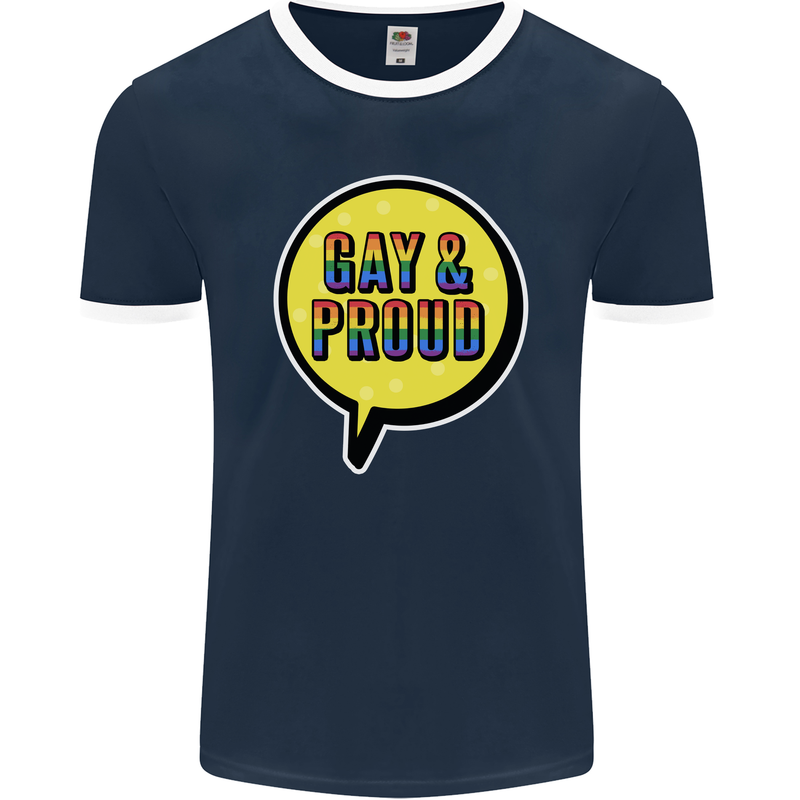 Gay and Proud LGBT Pride Awareness Mens Ringer T-Shirt FotL Navy Blue/White