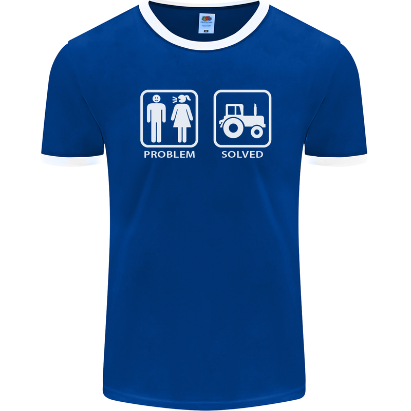 Tractor Problem Solved Driver Farmer Funny Mens Ringer T-Shirt FotL Royal Blue/White