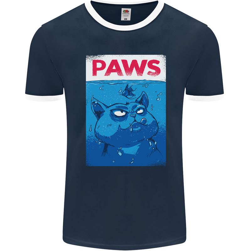 Paws Funny Cat and Goldfish Parody Mens Ringer T-Shirt FotL Navy Blue/White