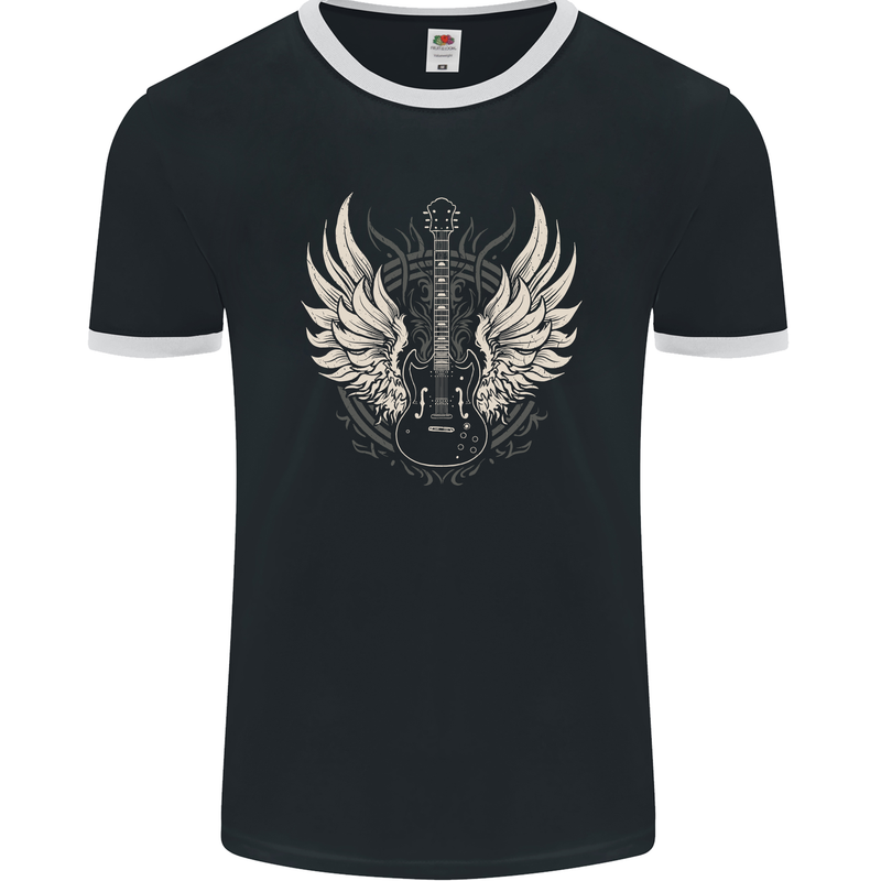 Guitar Wings Rock n Roll Music Heavy Metal Mens Ringer T-Shirt FotL Black/White