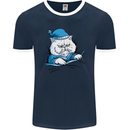 A Cat In Bed Under the Duvet Mens Ringer T-Shirt FotL Navy Blue/White