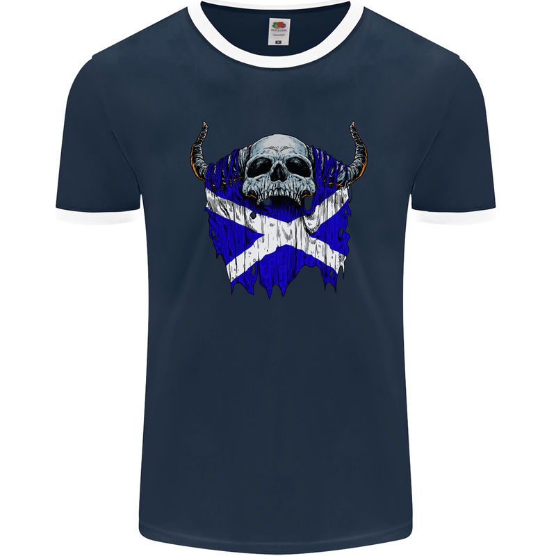 Scotland Flag Skull Scottish Biker Gothic Mens Ringer T-Shirt FotL Navy Blue/White